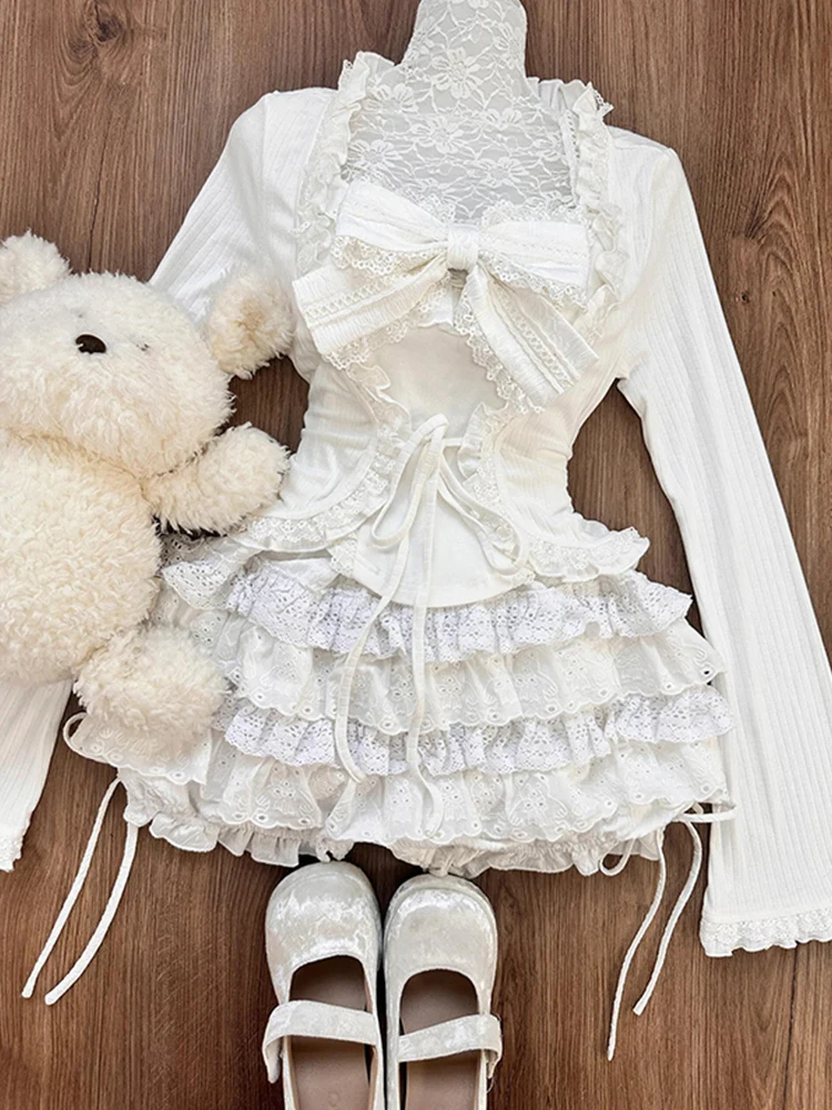 Kawaii Suits Female Lace Bow Corset Blouse Coats + Cake Skirts Japanese Vintage 2 Piece Sets Women Evening Party Clothing Autumn