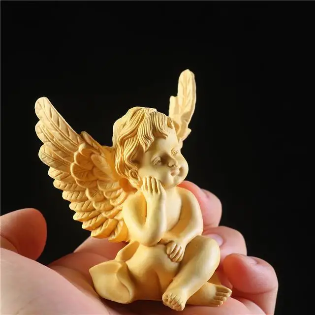 Hand Carved Wood Angel wings Guardian Angel Statue Figurine Desktop Ornaments Home Decoration Crafts Tea Pet Decor