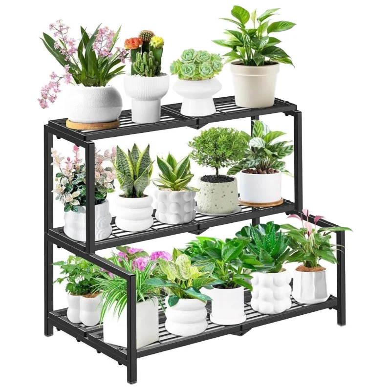 Three-Tier Stair Style Metal Heavy Duty Plant Stand Display Rack Non-Folding Design for Indoor/Outdoor Use Multiple Plants