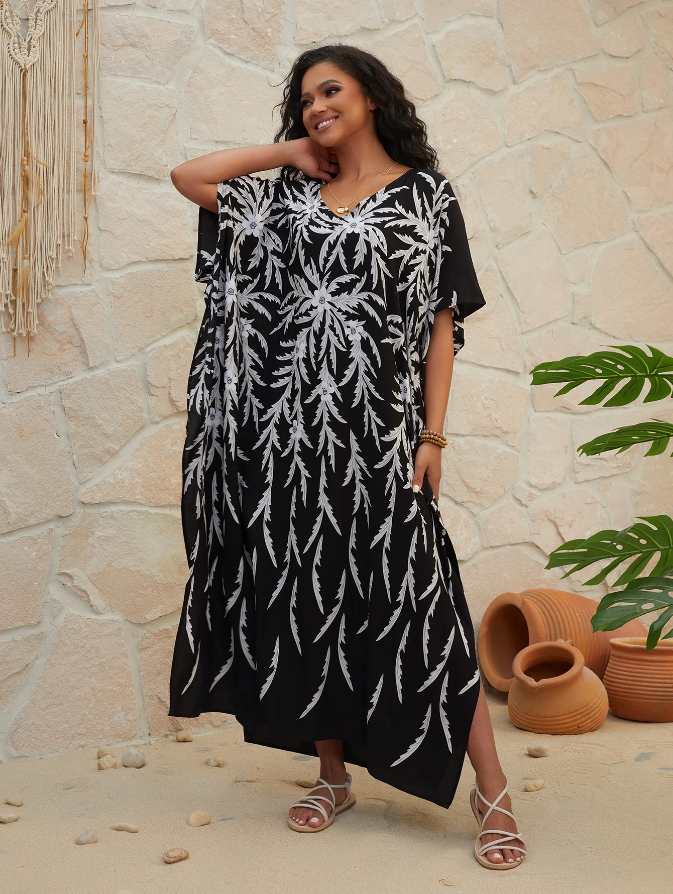 Damska Plus Size Boho Cover Up - Colorblock lampart i kwiatowy nadruk rękaw w kształcie skrzydła nietoperza dekolt Maxi sukienka z z nieregularnym