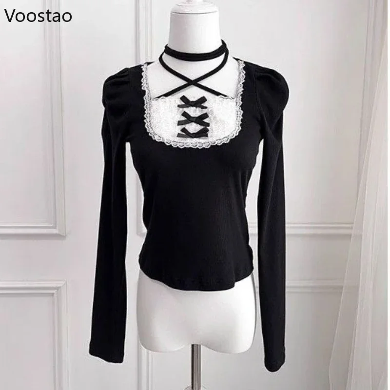 Sweet Lolita Style T-Shirts Women Vintage Y2k Square Collar Bow Long Sleeve Blouse Japanese Tees Ropa Mujer Bandage Crop Tops