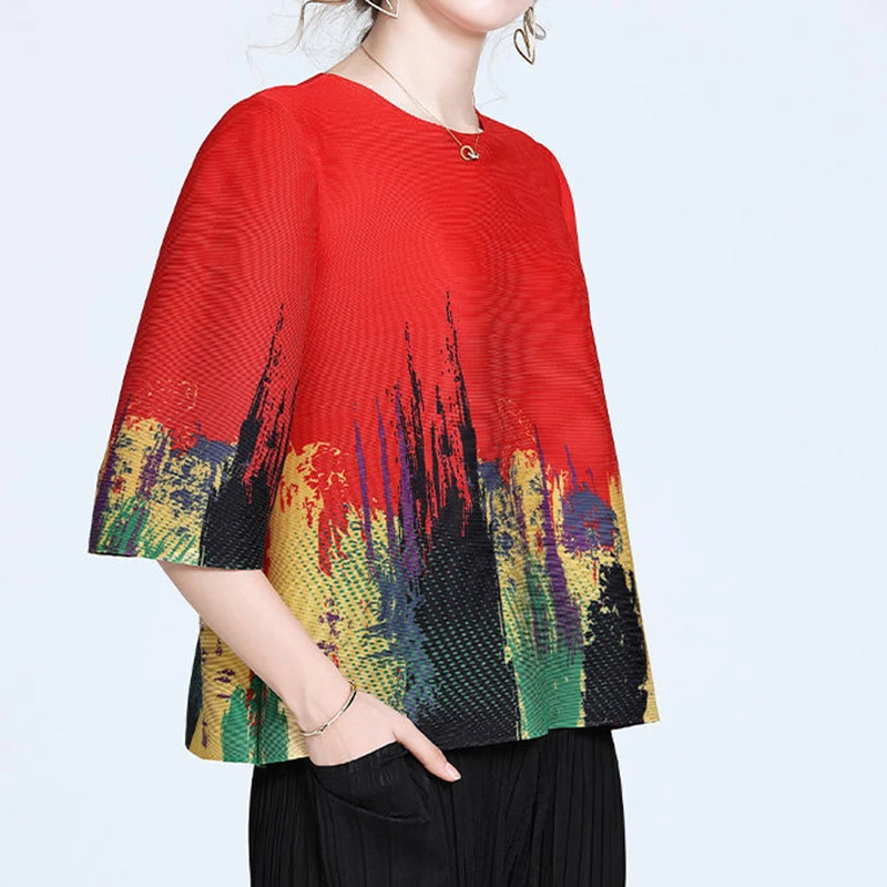 Fashion Pleated 3/4 Sleeve T-shirt for Women's 2023 New Loose Top  feminist shirt women's blouses trend 2023