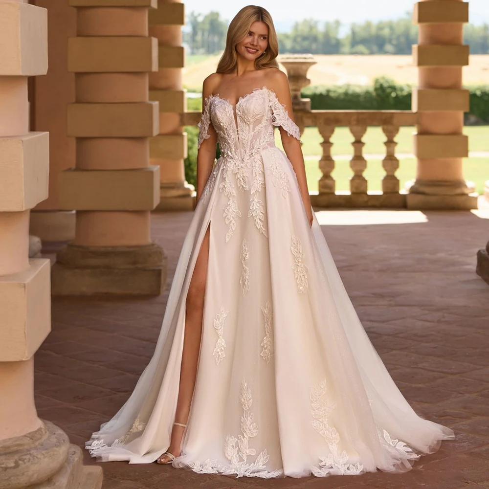 

Glitter Tulle Off the Shoulder Side Slit Wedding Dresses Bridal Exquisite Sweetheart Appliques Backless Bridal Gown Customized