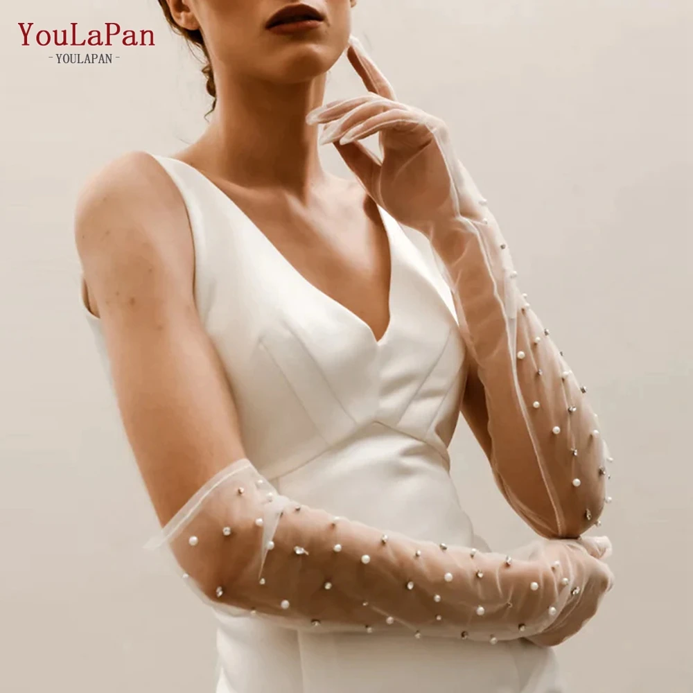 YouLaPan VM15 Sparking Bridal Gloves Pearl Rhinestones Wedding Gloves Elbow Length Brides 2024 Accessories customizable