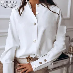 Women Shirts Tops 2024 Autumn Women's Fashion Long Sleeve Blouses Stand Collar Solid White Black Loose Cardigan Blusas 10619