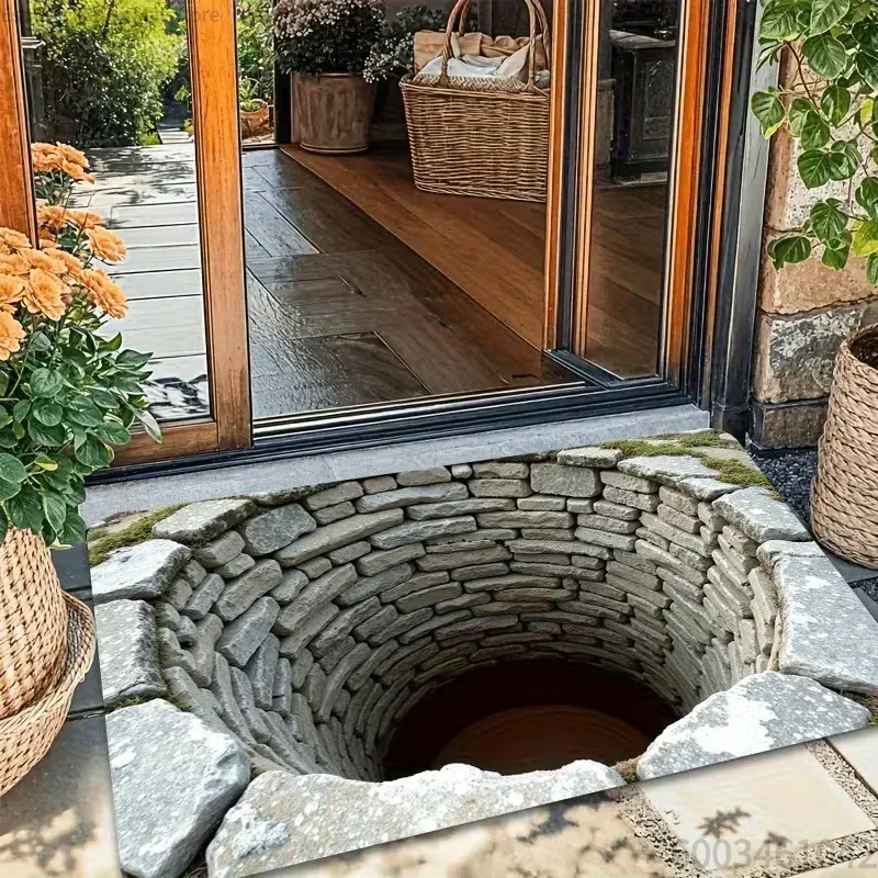 Non‑Slip  Entrance Doormat, 3D Optical Illusion Stone Print Floor Rug for Porch Hallway Living Room Decoration