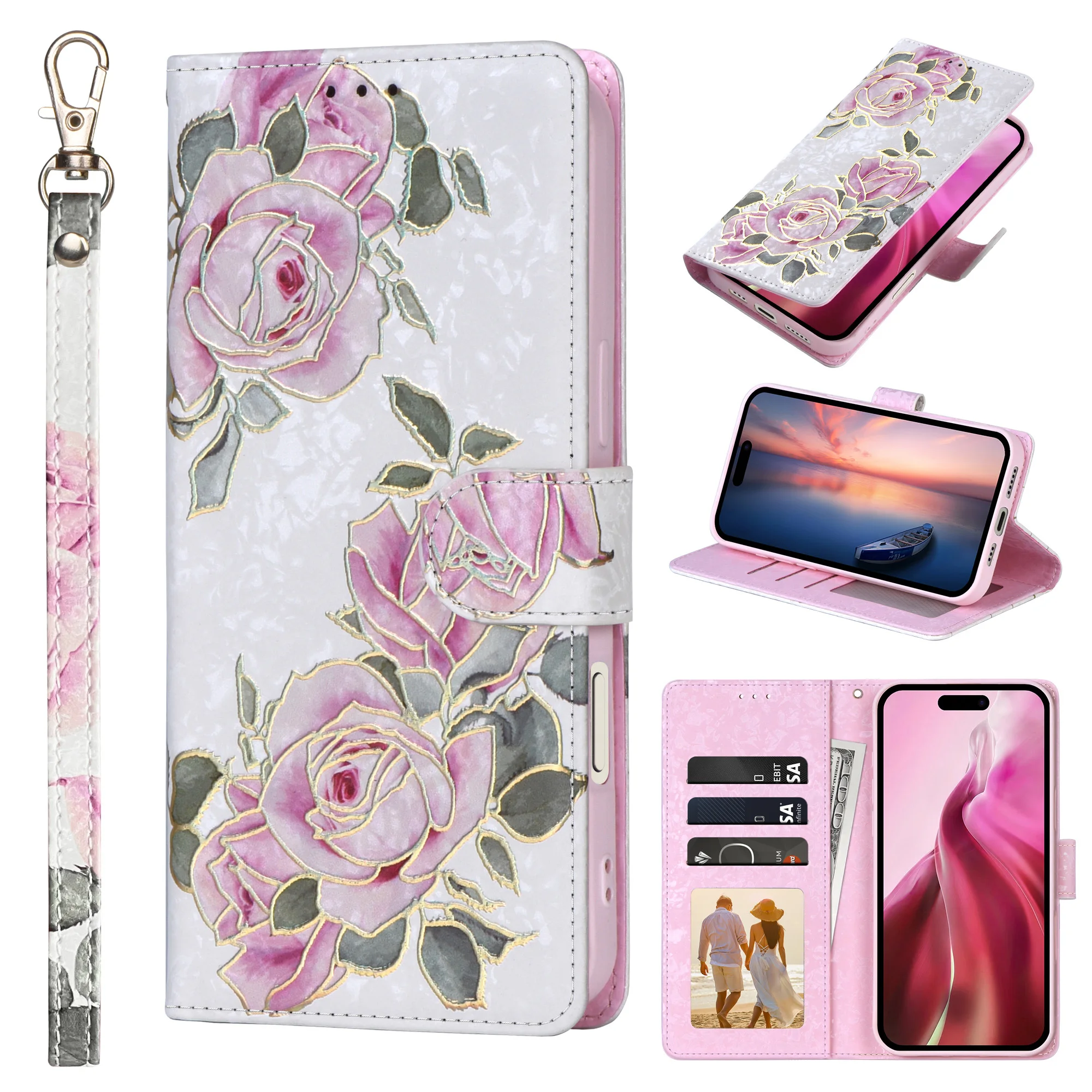 Para iPhone 16E 16 Pro Max 16 Plus 16 15 14 13 12 1113 X Max Xr Mini Carteira Floral Capa de telefone de couro
