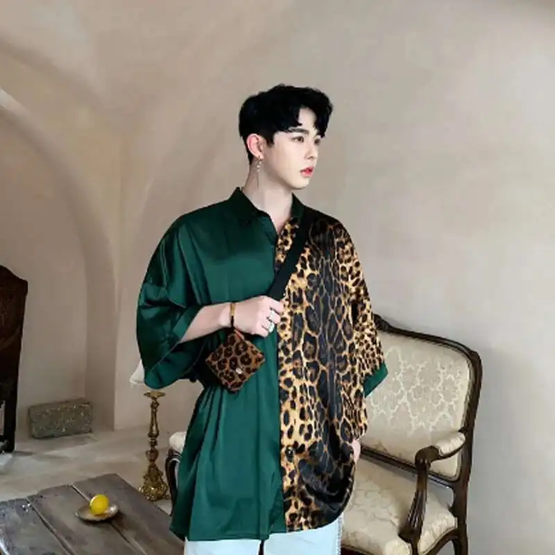 Patchwork Men Shirts With Leopard Summer Nightclub 2025 Oversize Vintage DJ Singer Punk Silk Shirt Stage Costume