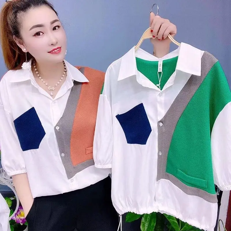 

Stitched Short-sleeve Shirt Female Summer High-grade Polo Shirt Loose Fashion Foreign Gas Design Sense Unique Chic Small Undress