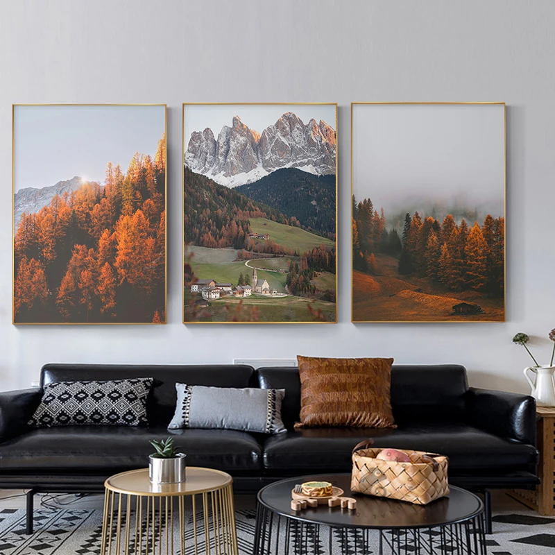 Minimalist Autumn Forest Mountain Canvas Print Decorative Painting Nordic Wall Art Poster Bedroom Wall Pictures for Living Room