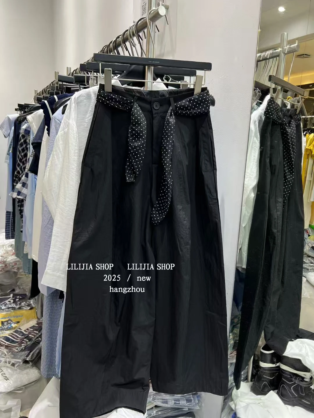 

Брюки с высокой талией и широкими штанинами, тонкие повседневные брюки, универсальные длинные брюки для работы, корейская версия, с деталями в виде шарфа