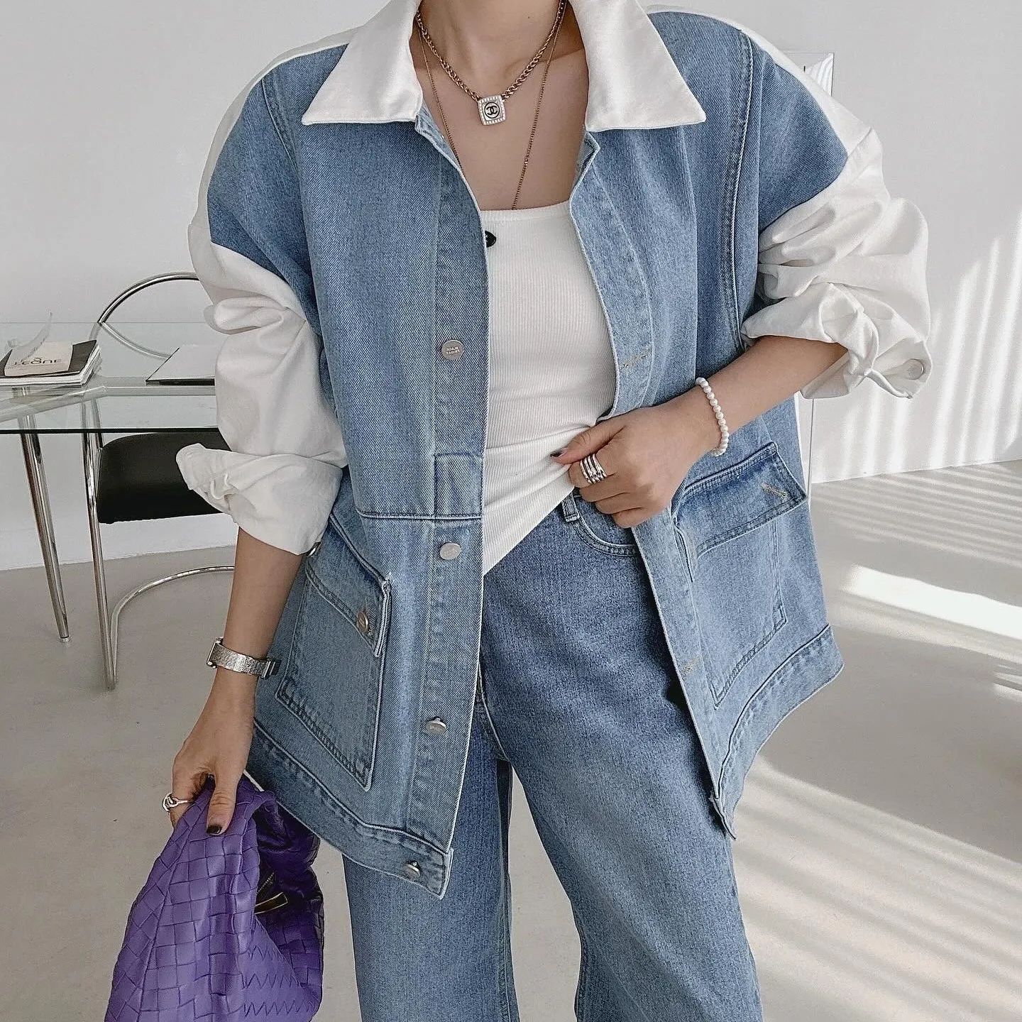 Loose Lazy Workwear Denim Jacket Fake Two-Piece Design Collar Stand-Up Sleeve Patchwork Korean Style Ins Flounce Outerwear