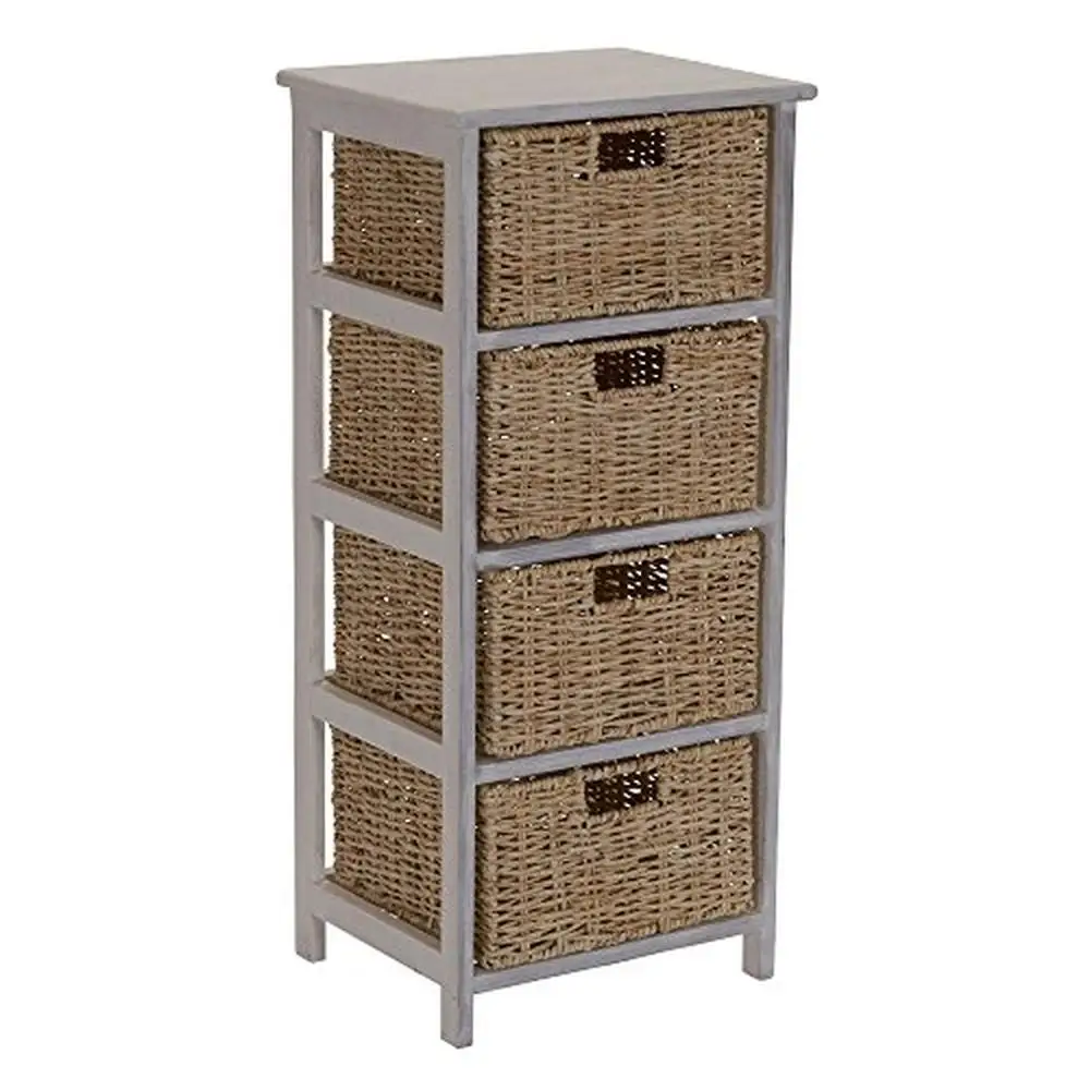 

Tall Freestanding 4 Drawer Chest with Hand-Woven Wicker Baskets Bathroom and Living Areas Storage and Display Whitewash Finish