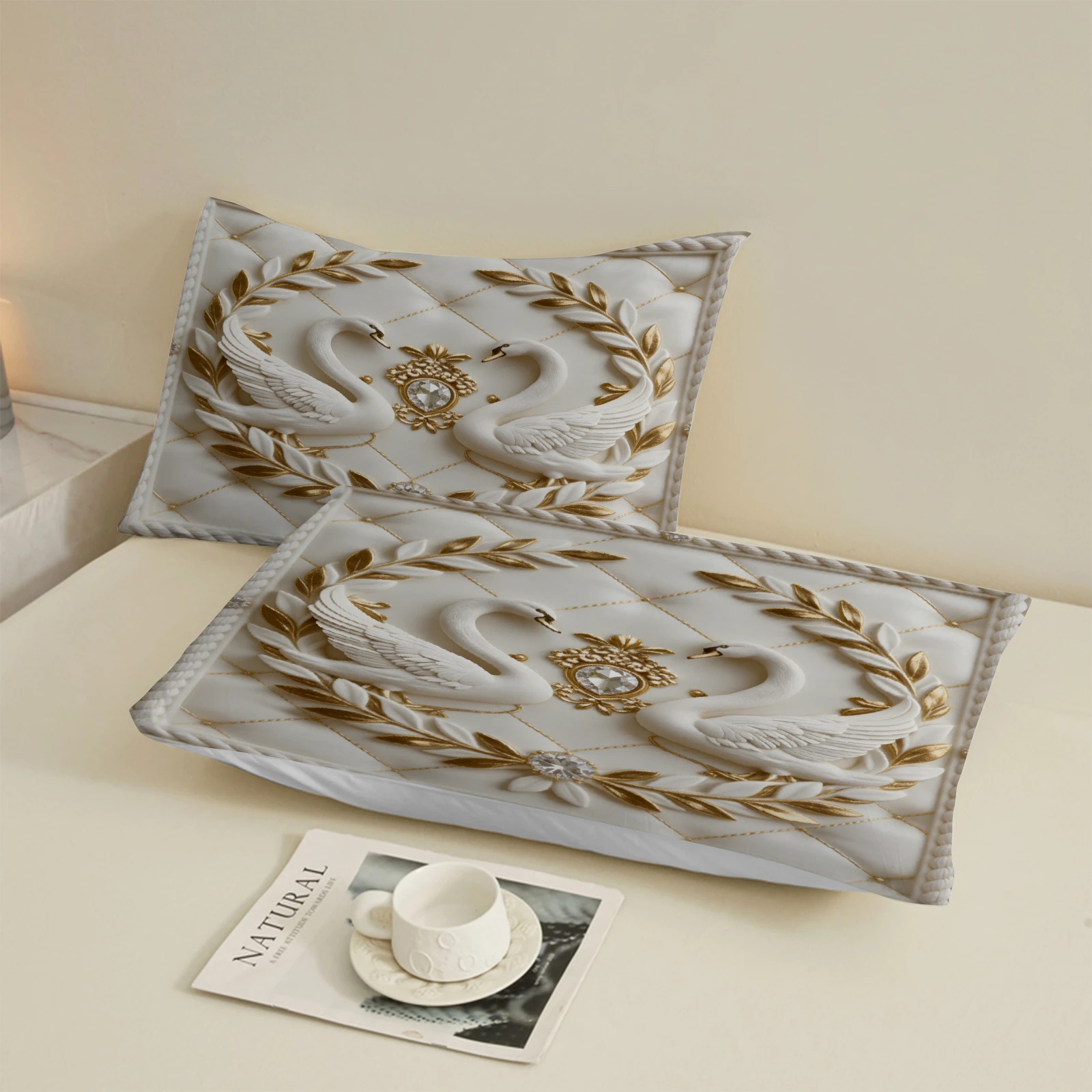 Elegant Quilted Fitted Sheet Set White With Gold Butterflies And White Flowers With Pillowcases For Bedroom Decor