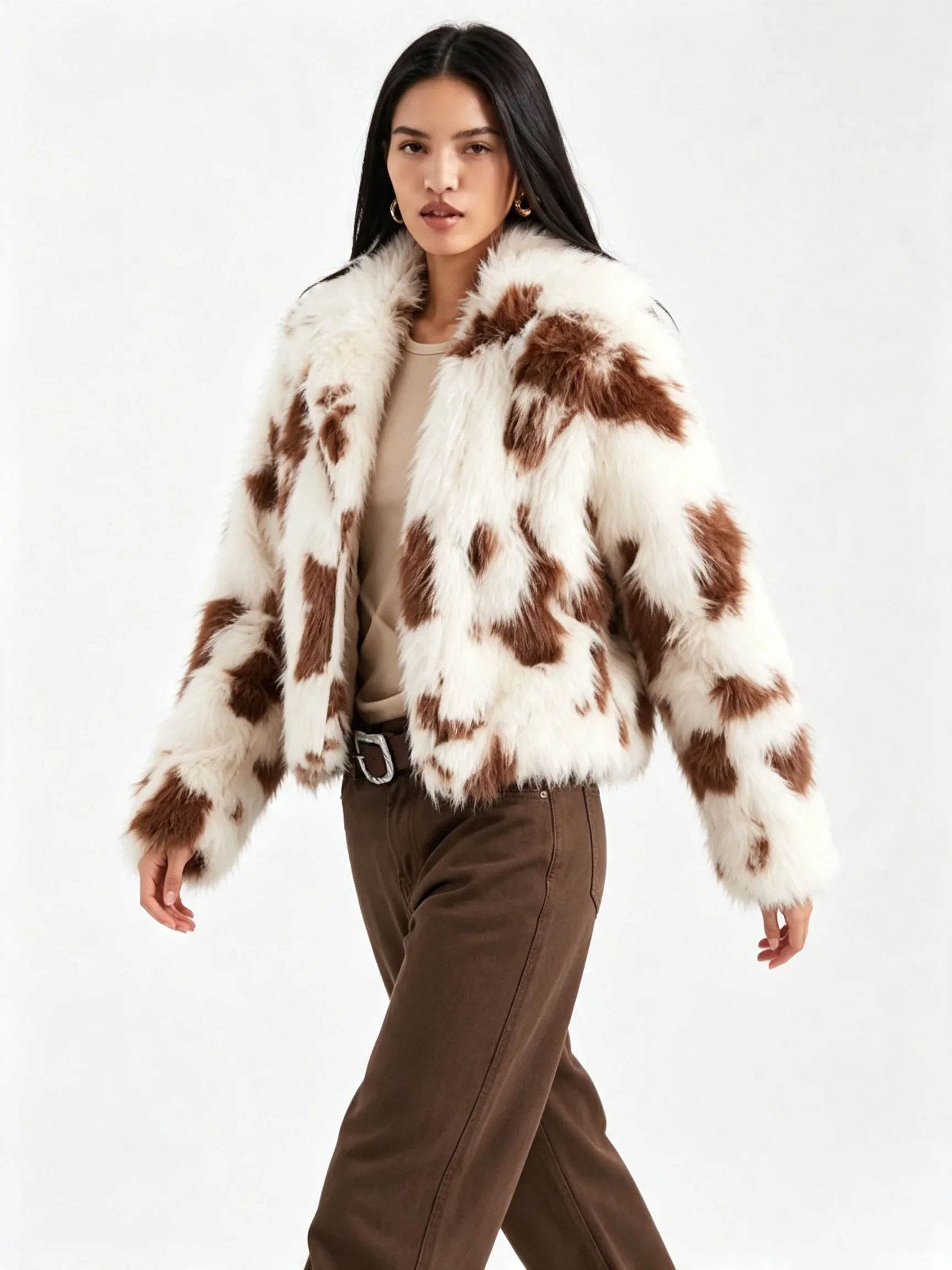 PUAL Women Cow Print Faux Fur Cropped Jacket Lapel Open Front Fluffy Short Outerwear