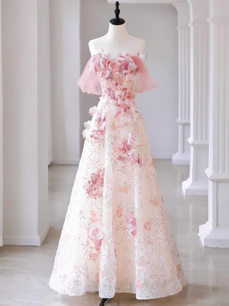 

Pink Evening Gown Princ Sle Floral Print Mid-Waist Slim Fit Long Dr for Wedding Birthday Par Banquet Fairy Aosphere