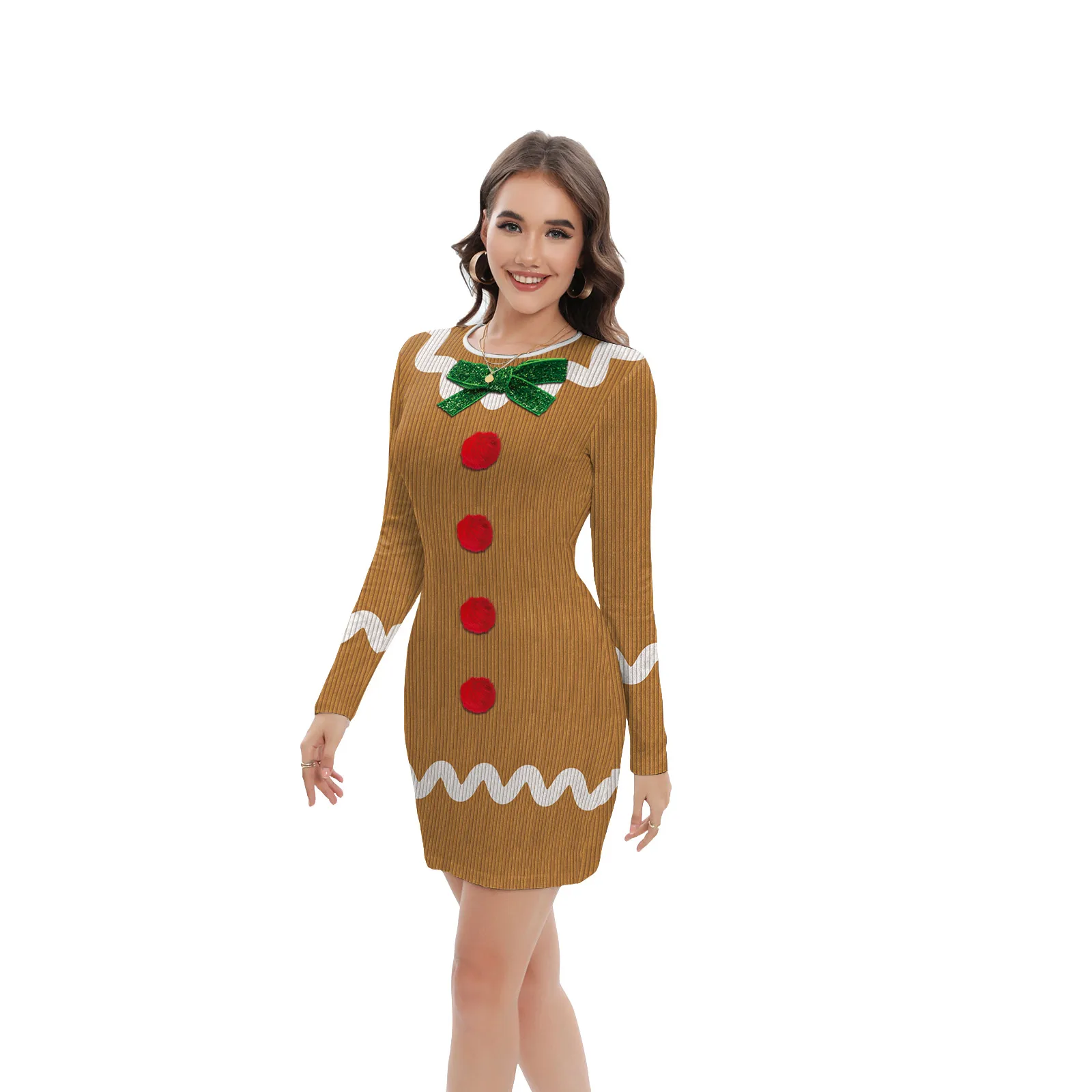 2025 جديد حفلة عيد الميلاد عيد الميلاد المرأة قزم سترة شريط فستان مُزين بطباعة بأكمام طويلة أداء الحفلات تأثيري ازياء