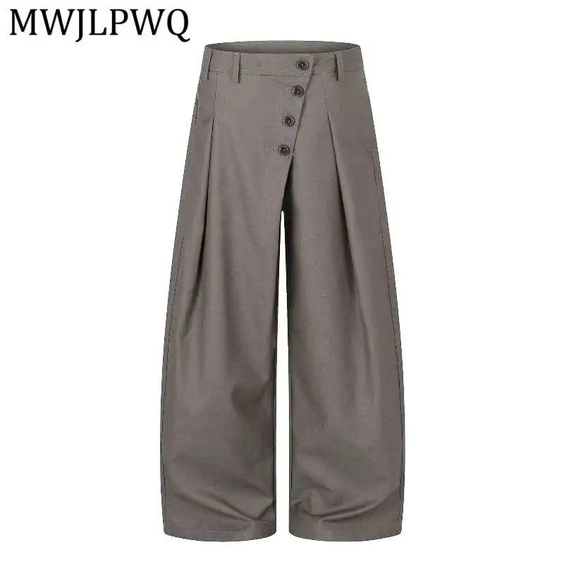 MWJLPWQ High Waist Wide Leg Trouser Diagonal Four Button Front Double Side Pleat Loose Suit Women Minimalist Street Bottom 17007