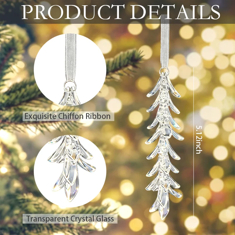 Crystal Icicle Hanging Ornament Transparent Ice Spike Pendant with Ribbon for Christmas Tree Decor