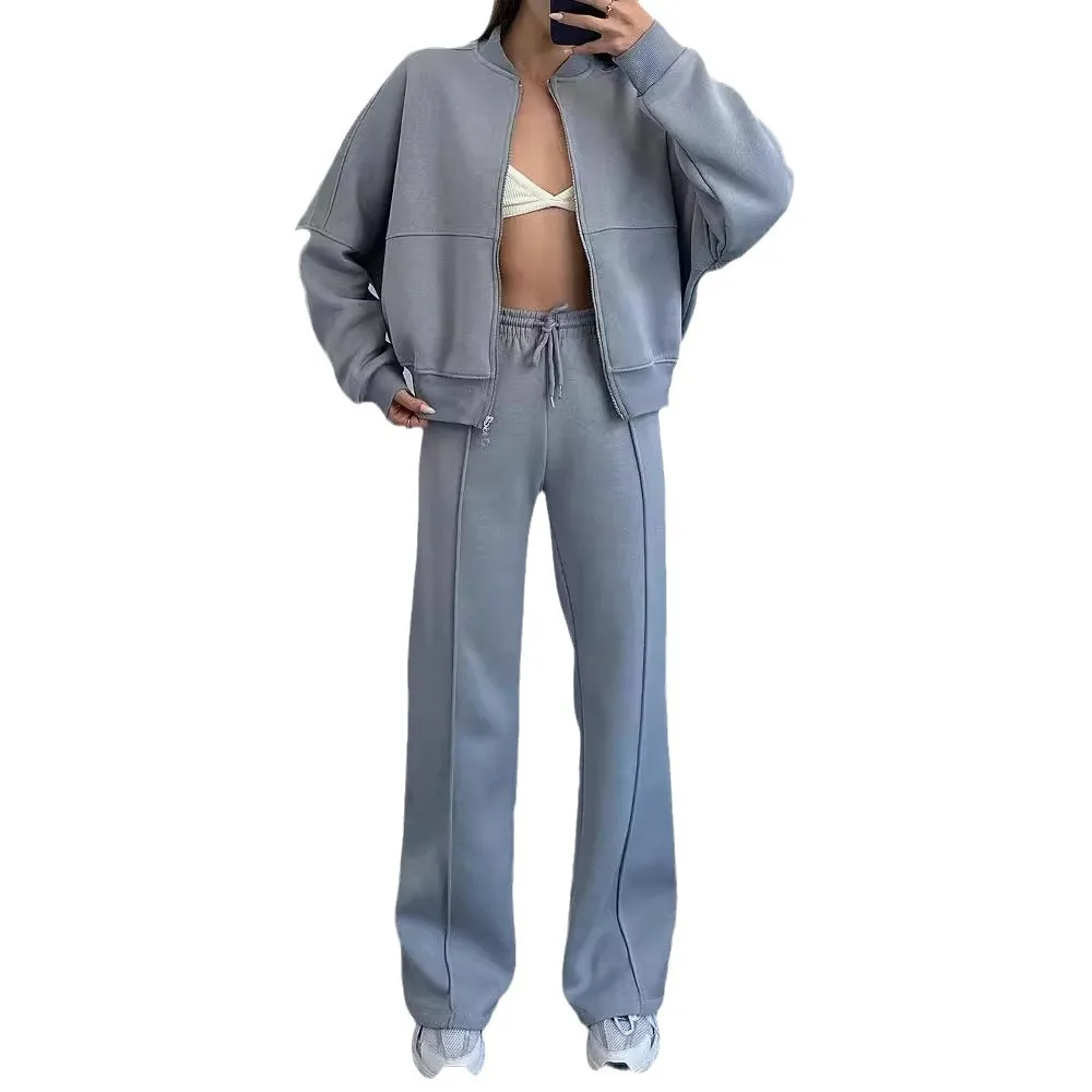 2Pieces Suit Outfit Sportwear Two Pieces Set Set Bomber Jacket Women Sweatshirt Casual Long Sleeve Zipper Coat Lace-up Trousers