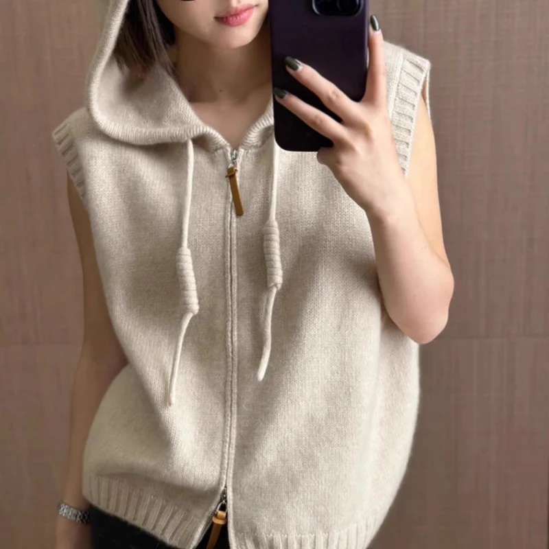 

Осень/зима 2022, новый повседневный простой вязаный жилет из 100% шерсти, женская толстовка с капюшоном на шнурке, кардиган на молнии без рукавов, свободные топы