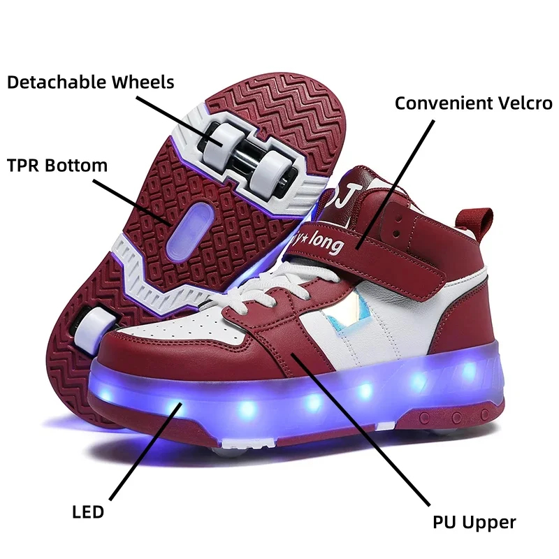 LED ローラースケートシューズ 4 輪取り外し可能なホイールシューズ男性と女性のハイトップ通気性スポーツシューズティーンエイジャースニーカー
