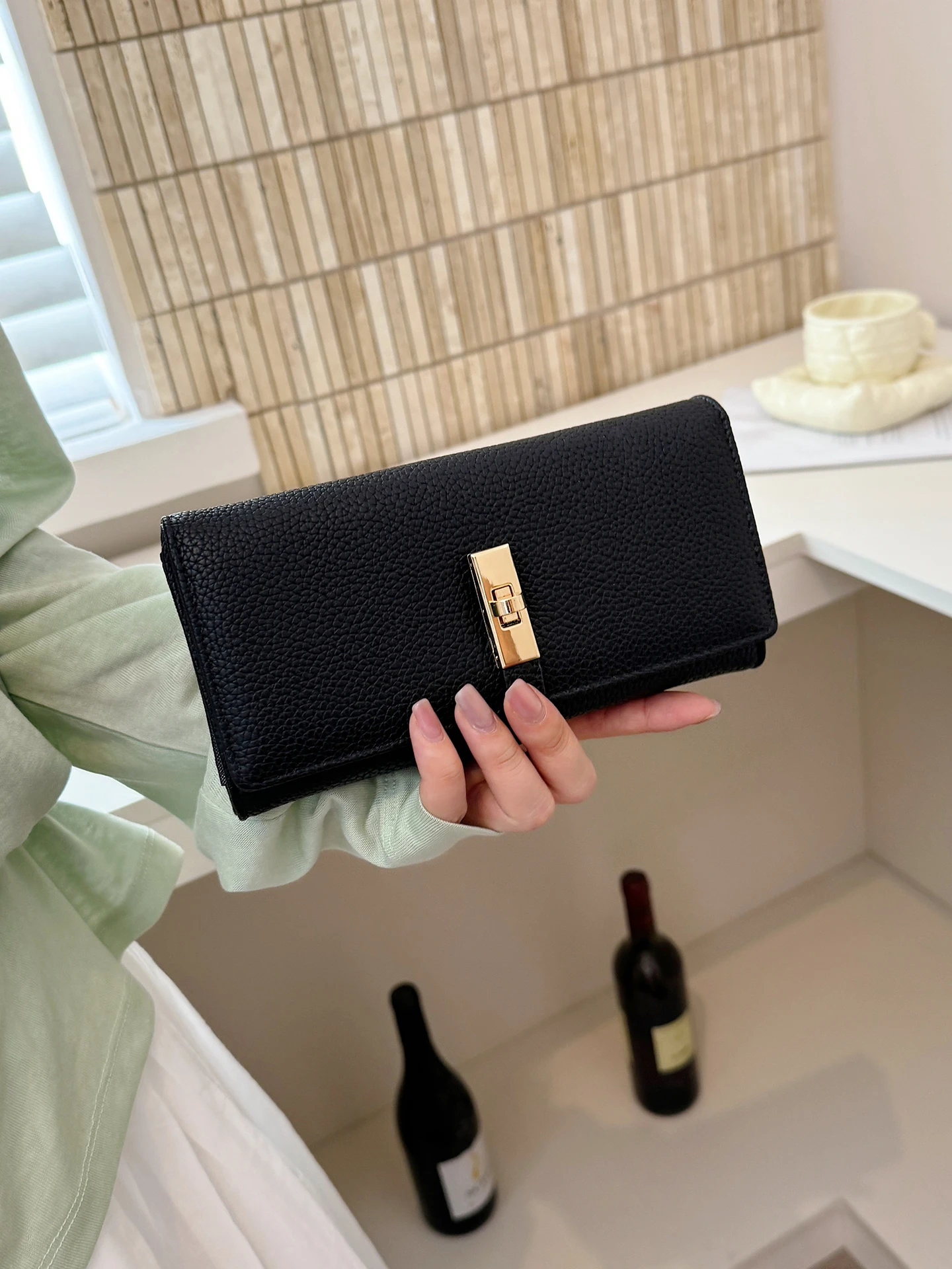 Elegant Long Ladies Wallet Soft Leather Multi-Functional Hand-Held Mobile Phone Bag Pure Color Versatile Lychee Pattern Wallet