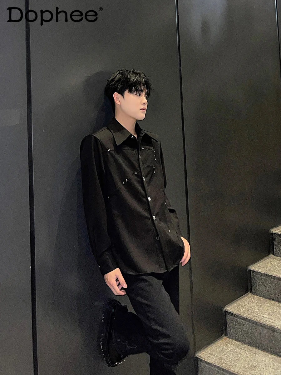 

2025 Spring New High Street Fashion Long Sleeve Shirt with Rivet Design Loose Casual Versatile Men's Shirt
