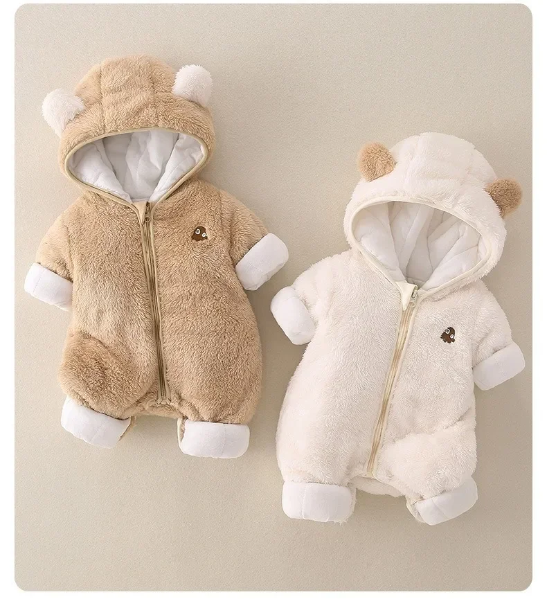 

Newborn Winter Cute Bear Hooded Onesie Double Sided Fleece Thicken Lining Warm Snowsuit 0-2Y Baby Girls & Boys Romper