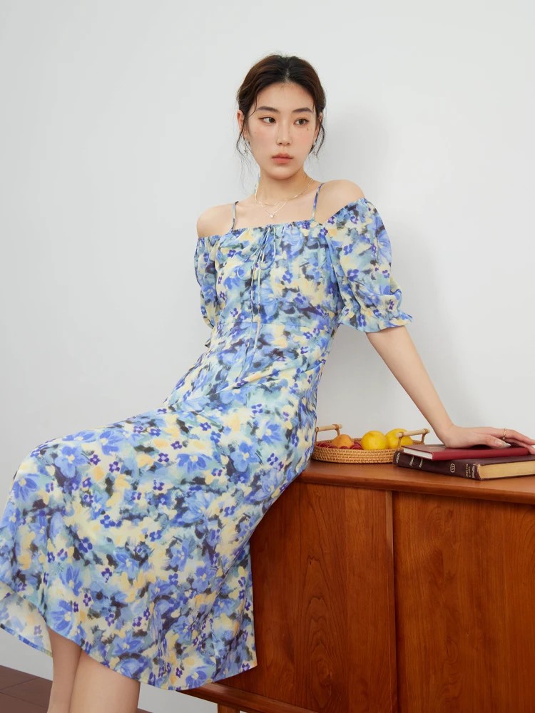 DUSHU High-end Sense of Small Floral Hanging Shoulders Dress for Women Summer 2023 Niche Style Printing A-Line Dress Female