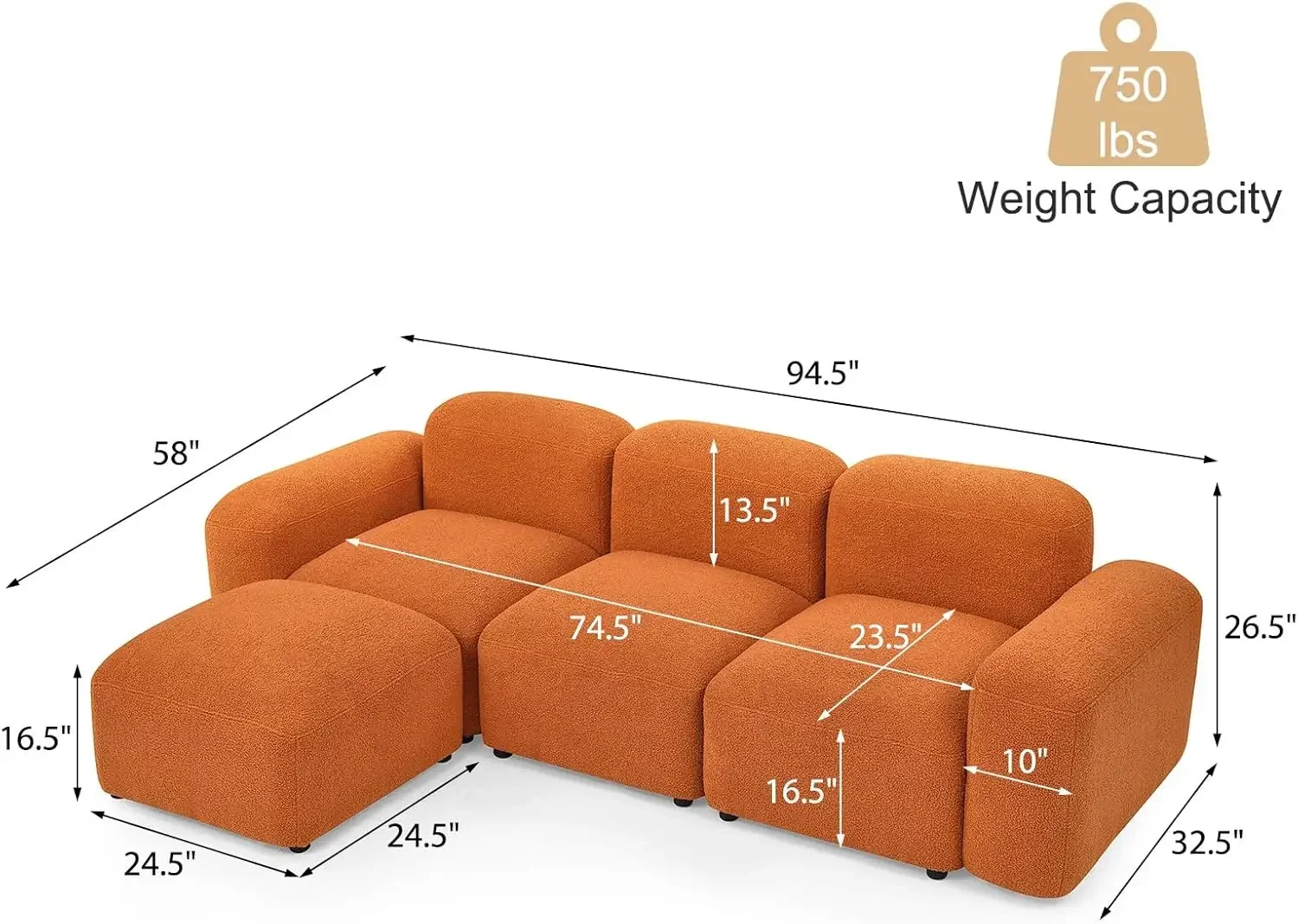 Teddy Fabric L-Shaped Modern Bubble Couch with Ottoman, 3-Seater Sherpa Teddy Sofas for Living Room Apartment, 94”, Orange