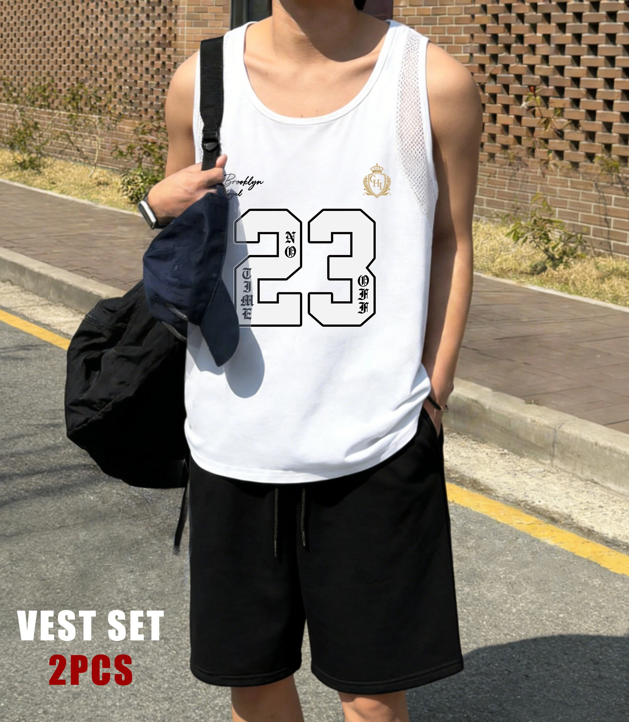 

Brooklyn Number 23 Jersey Print Men Reticular Vest Set Hip Hop Singlet Fashion Drawstring Shorts Sport Soft Male Sleeveless Top
