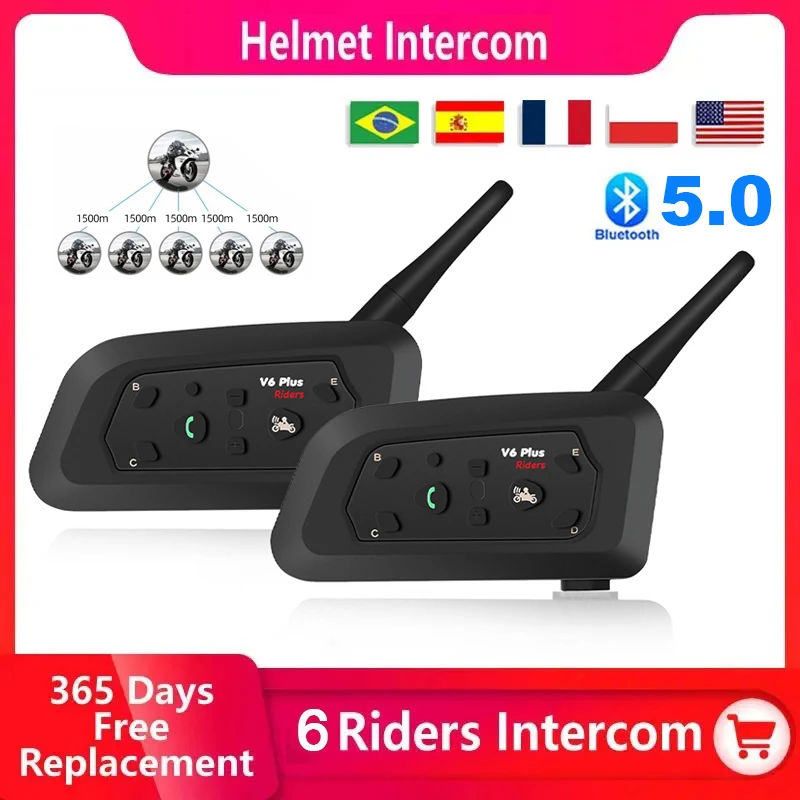 V6 Plus Bluetooth Motorcycle Helmet Intercom Headset 1500 Meters Distance for 6 Riders Communicator IP65 Waterproof Interphone