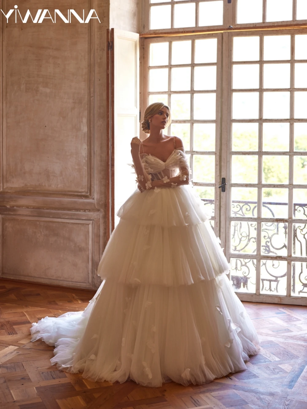 

Dreamy Puffy 3D Butterfly Tiered Long Wedding Dress Graceful Off Shoulder Bridal Gown Customized Glitter Dresses For Bride