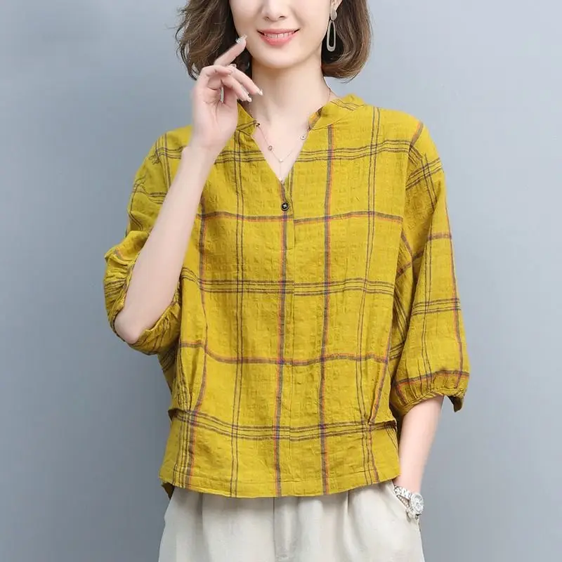 

Модные повседневные клетчатые рубашки с v-образным вырезом и складками, женская одежда, новинка лета 202, свободные универсальные топы, пригородные блузки