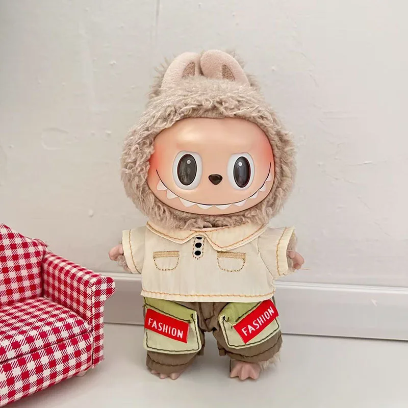 Kleidung für 15/17 cm 1.-3. Generation Labubu Schlüsselanhänger Plüschpuppen Verspieltes Doppeltaschen-Outfit mit Cord-Hut-Set