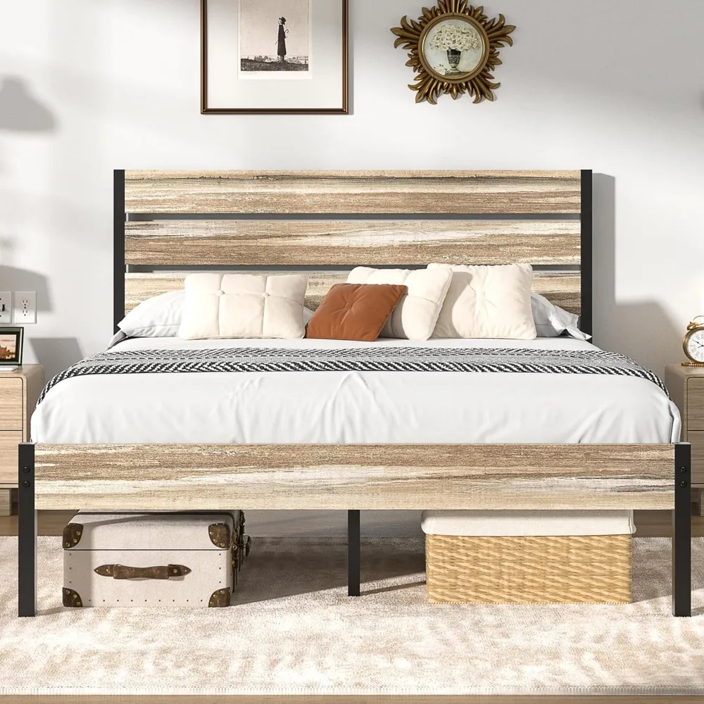 

12 inch Queen Size Bed Frame with Wooden Headboard and Footboard, Platform Frames with Metal Slats Support, No Box Spring Needed