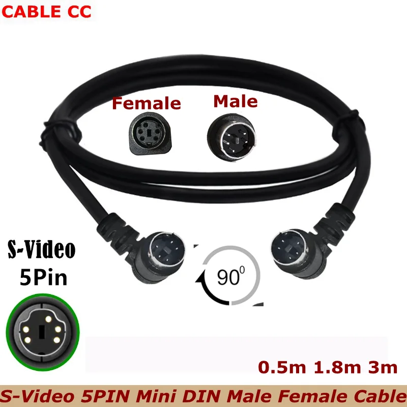Mini Din5 PIN Audio/Video Cable S-Video 5Pin Male to Female Male to Male 90 Degree Angle Audio and Video Elbow AV Cable