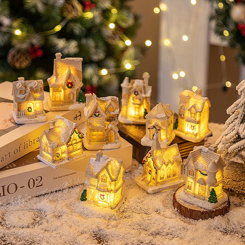 DIY Christmas Lights Decorations Resin Small House Lights Village House Doll Cartoon Table Decorations Holiday Gift Cute
