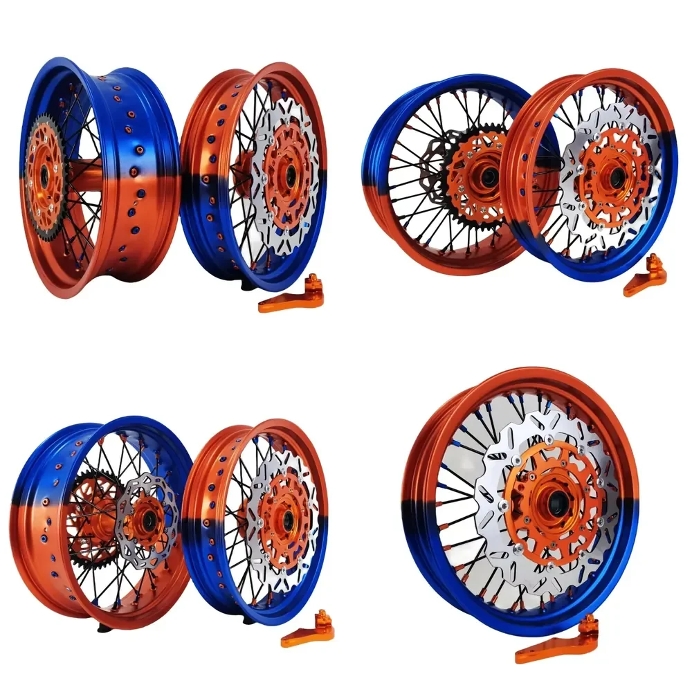 【2026 New Design】 Recommend 17 Supermoto Wheels Set Bi-Color Rims Orange and Blue Fit EXC SXF EXC in 2024