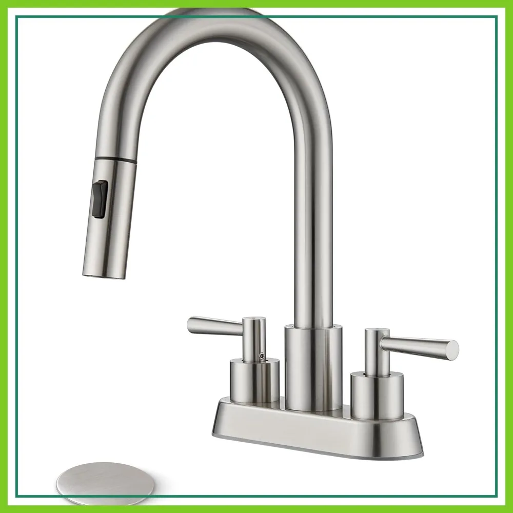 

Brushed Nickel 2-Handle Pull Out Sprayer Bathroom Sink Faucet, Lead-Free 4 Inch 3 Hole with Pop Up Drain