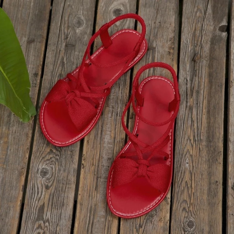 Casual flat sandals, comfortable and versatile, bow tie for external wear, open toed beach sandals, daily , bow tie, cross strap