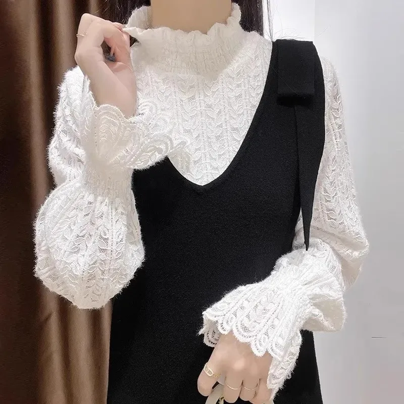 Winter Women's Tops Fleece Lined Long Sleeve Blouse With Flounces Elegant Tunic For Woman Knit Lantern Sleeve Mock Neck Top