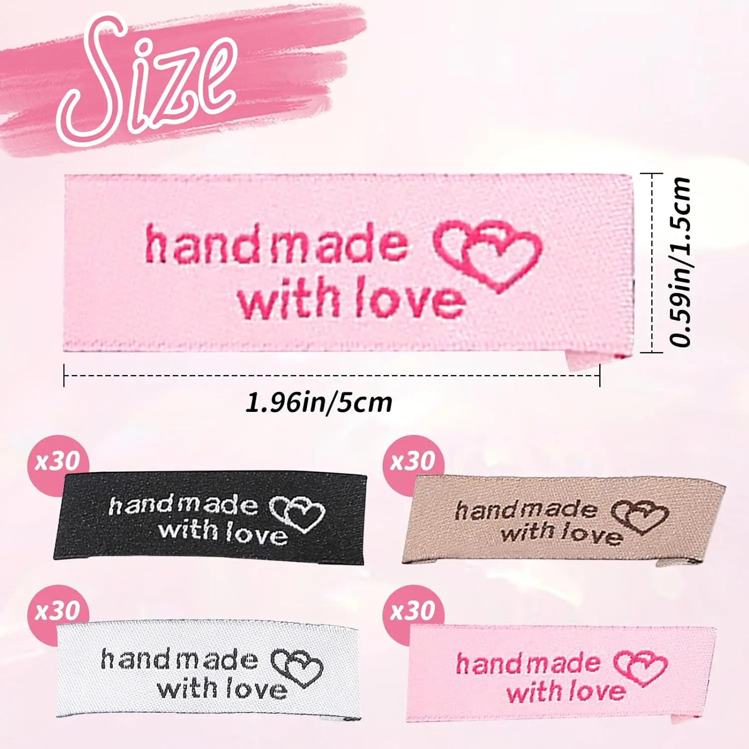 30/120Pcs Personalized Sewing Labels Sew on Clothing Labels Interlocking Heart Pattern Fabric Label Tags for DIY Handmade Items