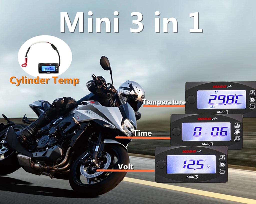 koso Cylinder Temperature Motorcycle Universal Cylinder temp Time Volt 3 in 1 LCD Digital Display For Yamha Suzuki Kawasaki