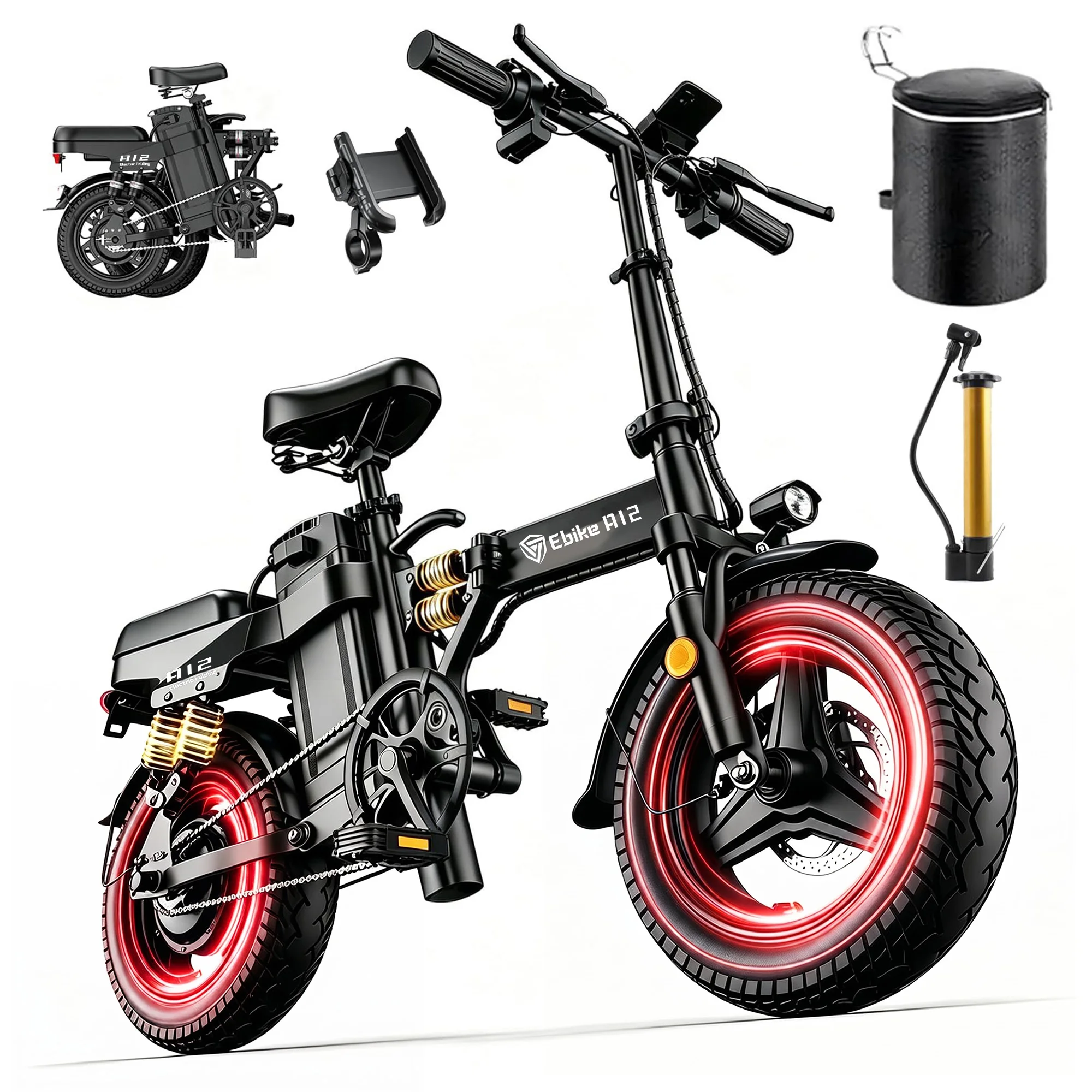 DTTZH A12 Folding Electric Bike for Adults, 14" Commuter E-Bike, 1000W Peak Motor, 48V 15Ah Removable Battery, 60 Miles Range, Remote Start, UL 2849 Certified