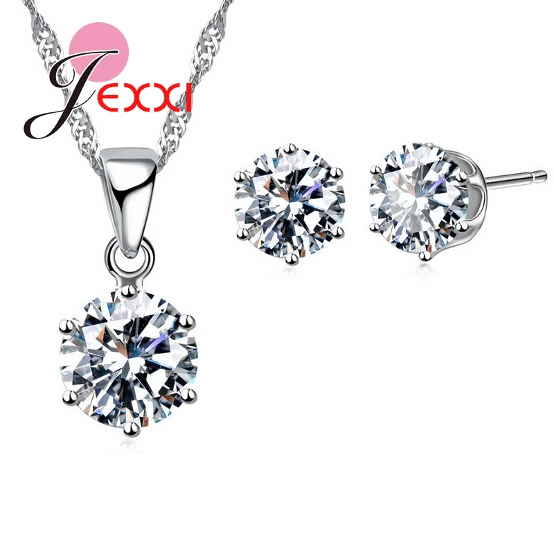 Fashion Genuine 925 Sterling Silver Wedding Jewelry Sets 17 Color Option 6 Claw CZ Pendant Necklace Stud Earring For Women