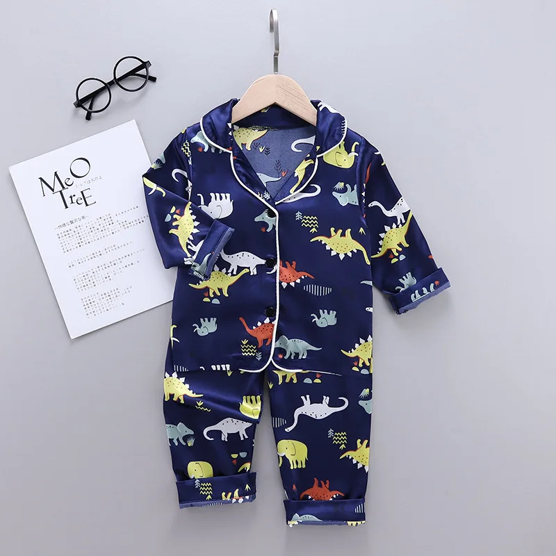 Children Silk Satin Pajamas Set Baby Boys Girls Cartoon Dinosaur Tops Trousers 2Pcs Spring Autumn Kids Satin Set Home Sleepwear