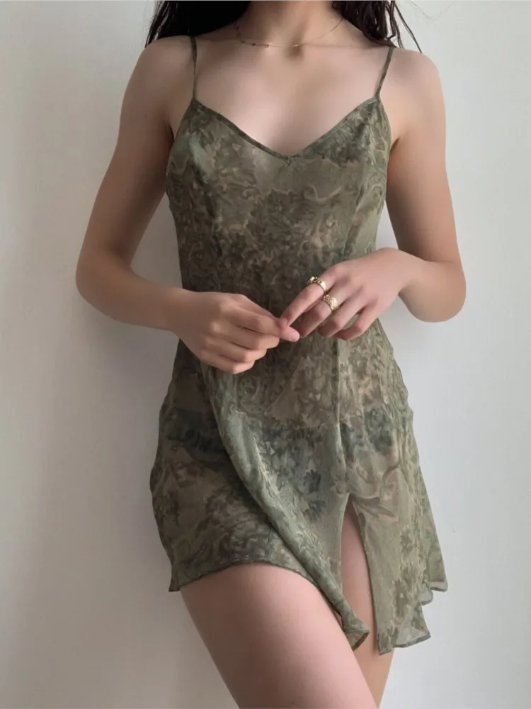 

Women's Summer New Fashionable Printed Sexy V-neck Perspective Split Sleeveless Strap Dress Loose Sleeping Dress