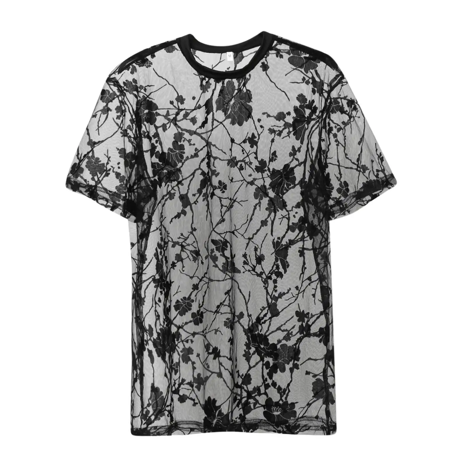 Retro Flower Men Sexy See Through Sheer Mesh Tees 2026 Fashion CrewNeck Short Sleeve Party Clubwear Summer Tshirts Male Tops